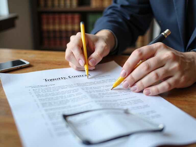 Lawyer analyzing property contract with highlighted sections